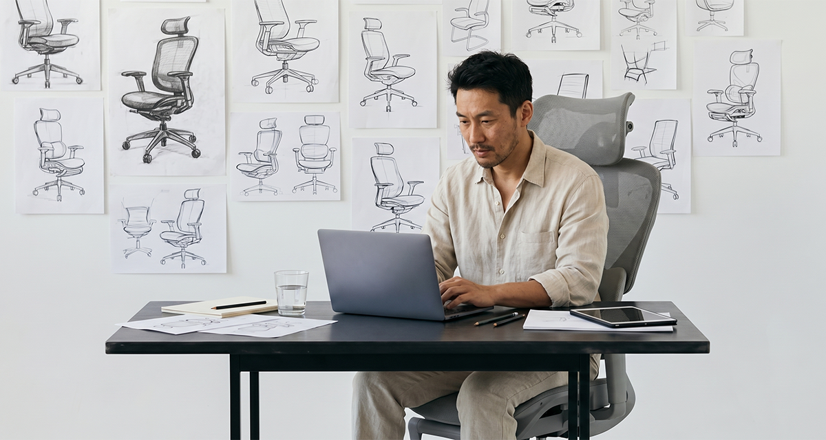 R&D team working around an ergonomic chair with sketches and samples