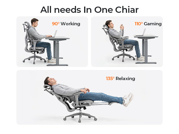 Load video: Video showing the Zenpex ergonomic chair with adjustable seat depth, three-position reclining backrest, and pull-out footrest for different sitting and resting positions.