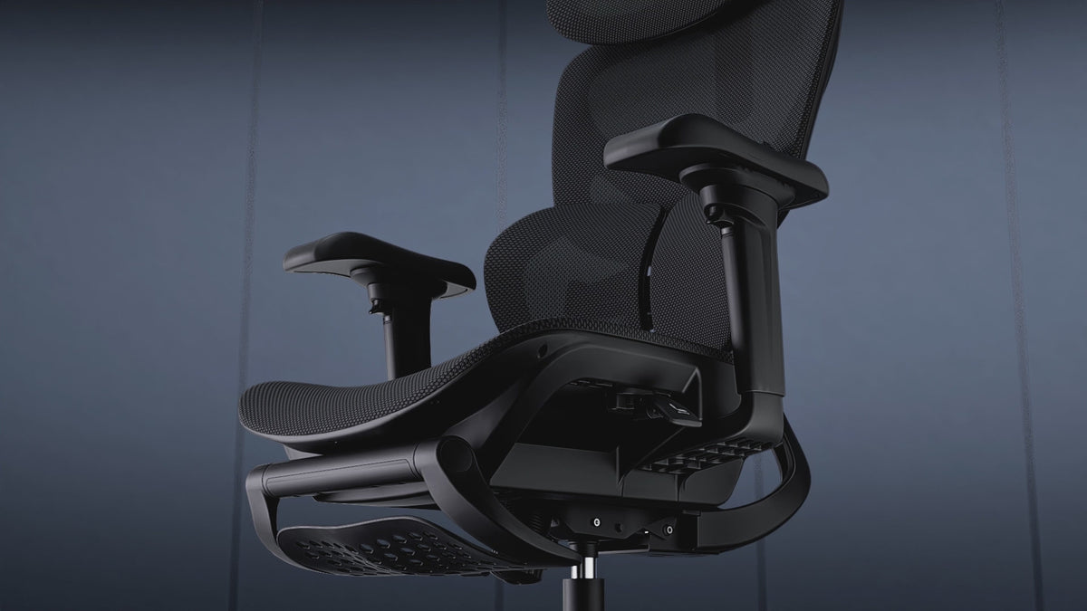 Load video: Zenpex ergonomic office chair in a modern workspace, featuring responsive lumbar support and flexible comfort.